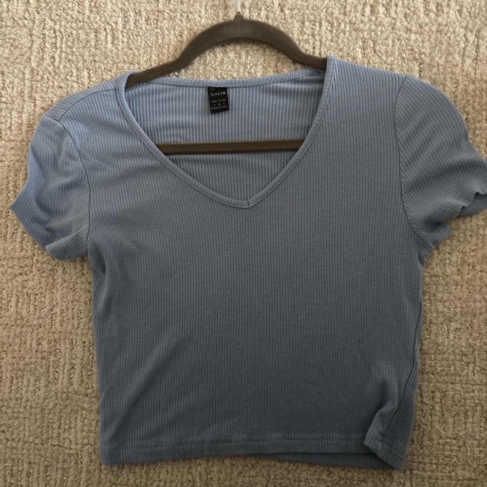 SHEIN Ribbed V-Neck Crop Top in Light Blue